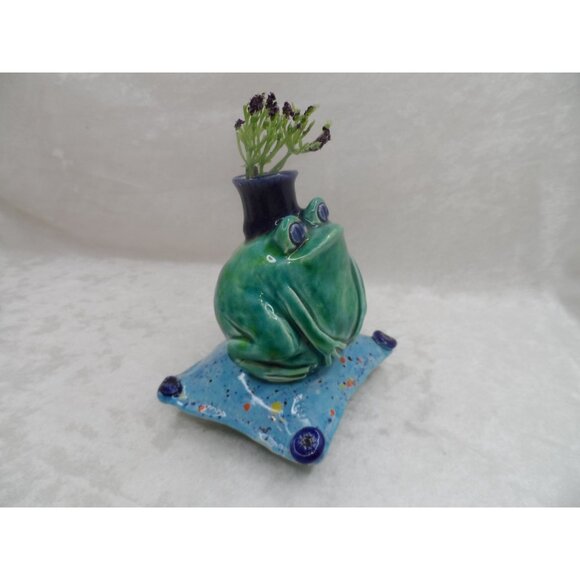 Frog Prince Ceramic Bud Vase Blue & Green - Picture 4 of 9